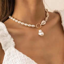 Pendant Necklaces Simple Pcean Style Shell Stitching Necklace Fmale Ins Fashion Vacation Single Layer Imitation Pearl Round Bead Chain