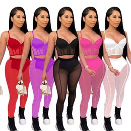 New Design Solid Mesh See Through Tracksuits For Women Sleeveless Sling Crop Top And Slim Pants Sexy Nightclub Two Piece Sets FA8210