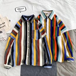 Men's Casual Shirts Mens Spring 2022 Urban Style Colour Striped Korean Streetwear Loose Long Sleeve Vintage Shirt Clothes 5XL For MaleMen's