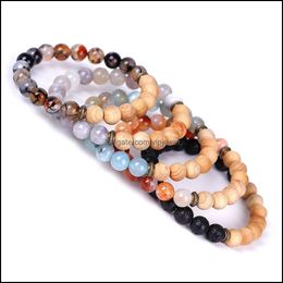 Charm Bracelets Jewellery Natural Agate Stone Bracelet 8Mm Yoga Wood Beads Bangle Gemstone Beaded Stretch For Women Dhbvw