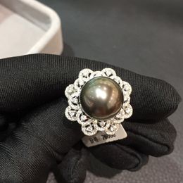 13-14MM Natural black pearl ring 18K whtie gold with diamond tahiti pearl flower big pearl ring fine women Jewellery