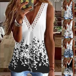 Women Summer Fashion Lace V-Neck Vest Print Plus Size Sleeveless T-Shirt Top XS-9XL 220511