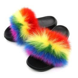 Women Fur Slippers fur Slides Hair Flip Flops Fluffy Flat Furry Woman Fur Sandals House Slippers Brand Luxury Shoes Y200423