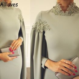 Muslim Dubai Arabic Middle East Evening Dresses With Cape Wrap Sage High Neck Lace Appliqued Prom Party Gowns Long Sleeves Morocca289p