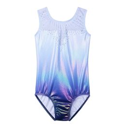 Children Girls Dancewear 5-14 Years Sleeveless Dance Dress Light Blue Shiny One-Piece Tank Kids Teens Pattern