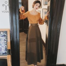 YOSIMI Shirt Skirt Set Spring Long Sleeve Blouse Top and Striped Skirt Sashes Long Dresses Vintage Women Two Piece Outfits