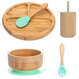 Bopoobo 5PcsSet Childrens Tableware Baby Bowl Plate Fork Spoon Cup Suction Feeding Food Bamboo Tableware BPA Free NonSlip 220805