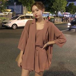 Women's Tracksuits Women Sets 3 Pieces Notched Blazers Solid Camis Drawstring Shorts Loose Korean Style Casual Streetwear Fashion All-match