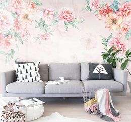 Custom 3D Wallpaper Mural Small fresh hand-painted pink romantic peony branches TV background wall