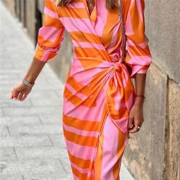 Spring Summer Fashion Print Dress Blouse Neck Tie Mid Length Striped Skirt Casual Comfortable Street Womens Wear Dresses Robe 220805