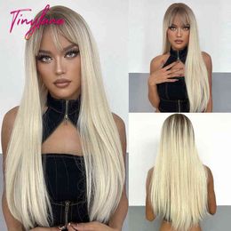 TINY LANA Long Silky Straight Wigs with Bangs Ombre Dark Brown Blonde Synthetic Wigs For Black Women Daily Party Heat Resistant