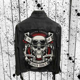 Men's Jacket Jean Denim Vintage Washed Black Skull Bone Harajuku Destroy Fades Casual Heavy Metal Streetwear Motorcycle Y220803