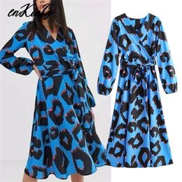 2020 women fashion print maxi za dress V neck bow tie sashes long sleeve 1pc female ankle length dresses vestidos LJ200818