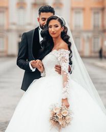 Lindo Vintage Sheer bola vestidos de casamento Vestido de 2020 Puffy Lace frisada Applique Branco manga comprida árabe casamento vestidos túnica BA4209 de mariage