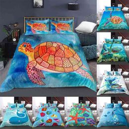 Blue Turtle Duvet Cover Sets Starfish Marine Animals Printed Bedding Set Soft 240x220 Queen King Quilt Covers with Pillowcase