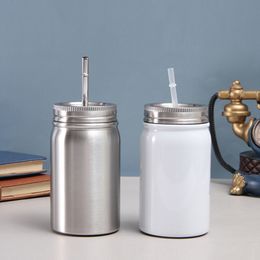 500ml/17oz 2-Wall Mason Style Jar Bottle Juice Mug Sublimation Cup Optional Handle 18/8 Stainless Steel Insulated Vacuum With Straw