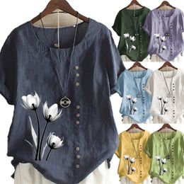 Womens Summer Fashion Casual Linen Shirt Round Neck Printing Tshirt Short Sleeve Tops Loose Blouse S5XL 220527