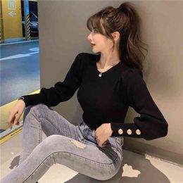 JXMYY Produtos de outono e inverno estilo coreano moda slim slim sleeved pullover maconha suéter All-Match Slim Top 210412