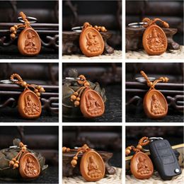 Keychains Carved Wood Buddhism Buddha Statue Keychain Keyring Car Bag Pendant KeyfobKeychains