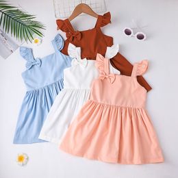 2022 Yeni Stil Kızın Ilmek Elbiseler Saf Renk Bebek Kız Kolsuz Elbise Güzel Parantez Etek Kız Için