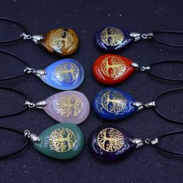 Natural Stone Tree Of Life Necklaces Chakra Reiki Healing Crystal Teardrop Tumbled Gem Stone Pendant Necklace Jewellery
