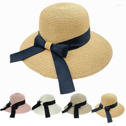 Wide Brim Hats 1x Summer Vacation Seaside Beach Hat Bow Paper Straw Pot Sunscreen Windproof Sun Outdoor Travel Fashion Fisherman HatWide Wen