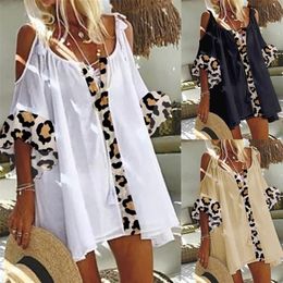 Summer Women's Leopard Print Tops Casual Loose Off-shoulder Large Size Top T-shirt Fashion Trend Solid Color Midi Sleeve 220326