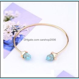 Charm Bracelets Jewellery Open Natural Stone Cuff Bangle Gold Plated Geometric Hexagonal Pile Blue Turquoise BraceletsBangles For Women Or Me