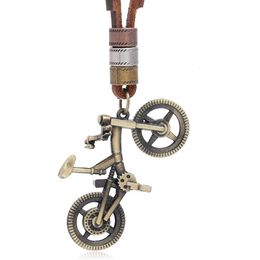 Metal Bike pendant Necklace Retro Bronze bicycle Necklace Leather Chain women men hip hop fashion Jewellery