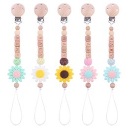 Newborn baby Silica gel Bead Pacifier Holders creative wooden Teethers Safe Infant toddler Toys Beech Teether sunflower Chain Clips