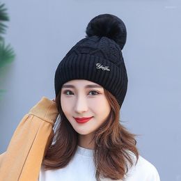 Beanie/Skull Caps Winter Women's N Cute Big Hair Ball Knitted Hip-Hop Hat Ladies Fashion Soft Core-Spun Yarn Woollen Plus Velvet Hats Delm22