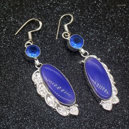 Dangle & Chandelier Wonderful Unique BotswanaAgate BlueTopaz Silver Color For Women Drop Earrings 2 5/8 Inch HD545