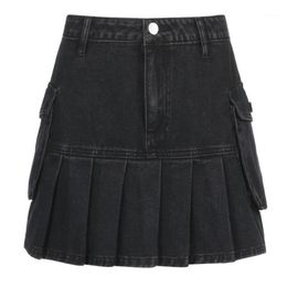 Skirts Black Denim Women's Low Waist Jeans Skirt Y2k Sexy Party Club Wear 2022 Mini Pleated Jupes Femininas