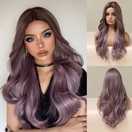 Synthetic Wigs HENRY MARGU Long Wavy Ombre Brown Purple For Women Natural Middle Part Cosplay Lolita Hair Heat Resistant