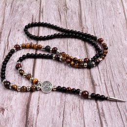 Pendant Necklaces 6mm Black Bead Tiger's Eye Natural Stone Long Necklace For MenPendant