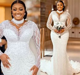 New Plus Size Arabic Aso Ebi Sheer Neck Mermaid Wedding Dress Long Sleeves Sexy Bridal Gowns Dresses