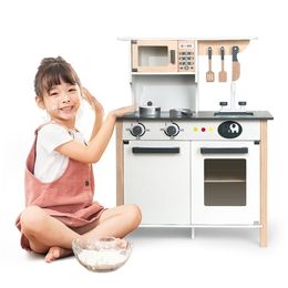 Big Wooden Play Kitchen Toys Pretend Play Toys for Kids Toddlers Girls Boys LJ201211