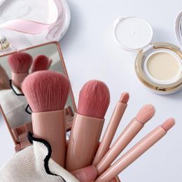 Makeup Brushes 5pc Portable Set Pink Travel Size Short Handle Make Up Brush Kit Powder Foundation Power Plastic Case With Mirror Q240507