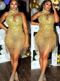 Champagne Gold Lace Short Tail Prom Party Dresses Sexy Knee Length With Tassels Plus Size Formal Evening Club Wear Gowns For Arabic Women