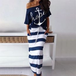 Women Striped Dress Summer Casual Slim Sexy Slash Ankle Length es 2 Pieces Female Off Shoulder Blouses T shirt Maxi 226014