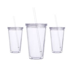 16oz Acrylic Tumbler Clear Cone Water Cup With Lid And Straw Double Wall Portable Beer Cup Transparent Plastic Bottle For Travel