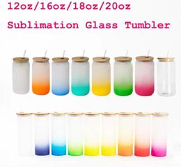 UPS 20oz/18oz/16oz/12oz Blanks Sublimation Glass Cola Can Tumbler Frosted Beer Jar Soda Beverage Straw Cup with Bamboo Lid Clear Coloured Glas