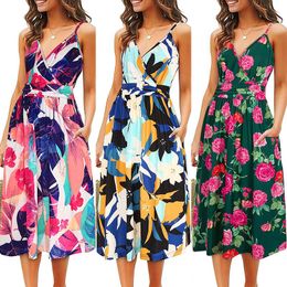 boho maxi dress Canada - Casual Dresses Women's Sling Floral Long Maxi Dress Sundress Print Arrival Summer Boho V-neck Sleeveless Party Beach Style TypeCasual
