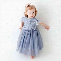 Little Girl New Floral Lace Dress Girl Grey Hollow Flower Tulle Clothes Cute Girl Birthday Party Princess Costume Kid Maxi Dress G220518