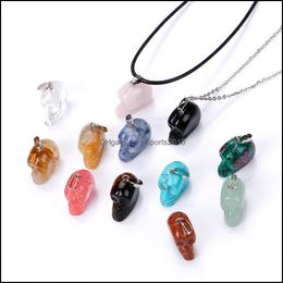 Arts And Crafts Arts Gifts Home Garden Natural Crystal Rose Quartz Stone Pendant Carved Skl Heads Shape Necklace Chakra Dhtso