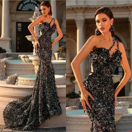 Black Mermaid Prom Dresses Saudi Arabia Sequined Sexy One Shoulder Sparkly Evening Gowns Robe Formal Party Dress Sweep Train