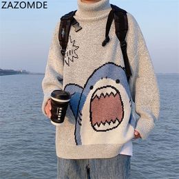 ZAZOMDE Men Turtlenecks Shark Sweater Winter Patchwor Harajuku Korean Style High Neck Oversized Grey Turtleneck For 220812