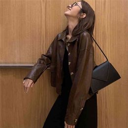 Short brown leather jacket women long sleeve drop shoulder Plus size faux leather jackets for women Spring shirt 210908