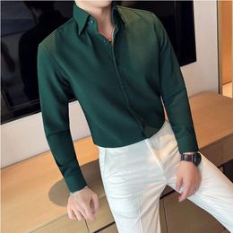 Men's Dress Shirts Fashion 2022 Waffle Fabric Solid Mens Long Sleeve Business Slim Fit Lapel Shirt Streetwear Man Social Party BlouseMen's