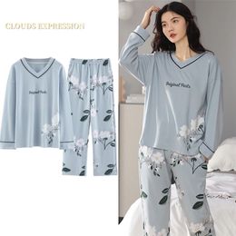 Spring Autumn Knitted Cotton Elegant Women Floral Pyjama Sets Sleepwear Casul Lounge Set Plaid Pants Pyjamas Home Fashion 220421
